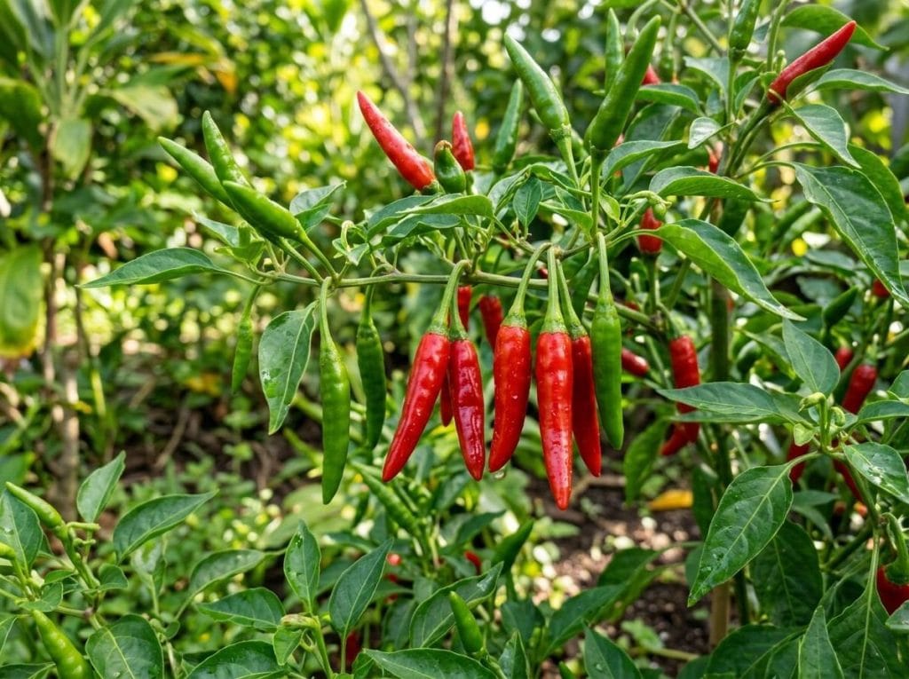 Growing Hawaiian Chili Peppers with vibrant peppers forming on healthy plants under warm growing conditions.