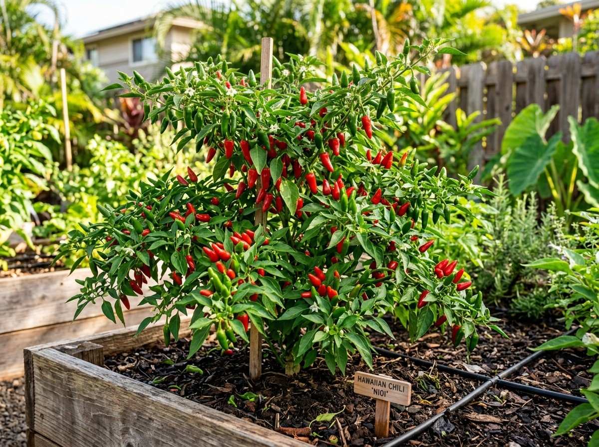 Growing Hawaiian Chili Peppers featuring young pepper plants developing green leaves in a raised garden bed.