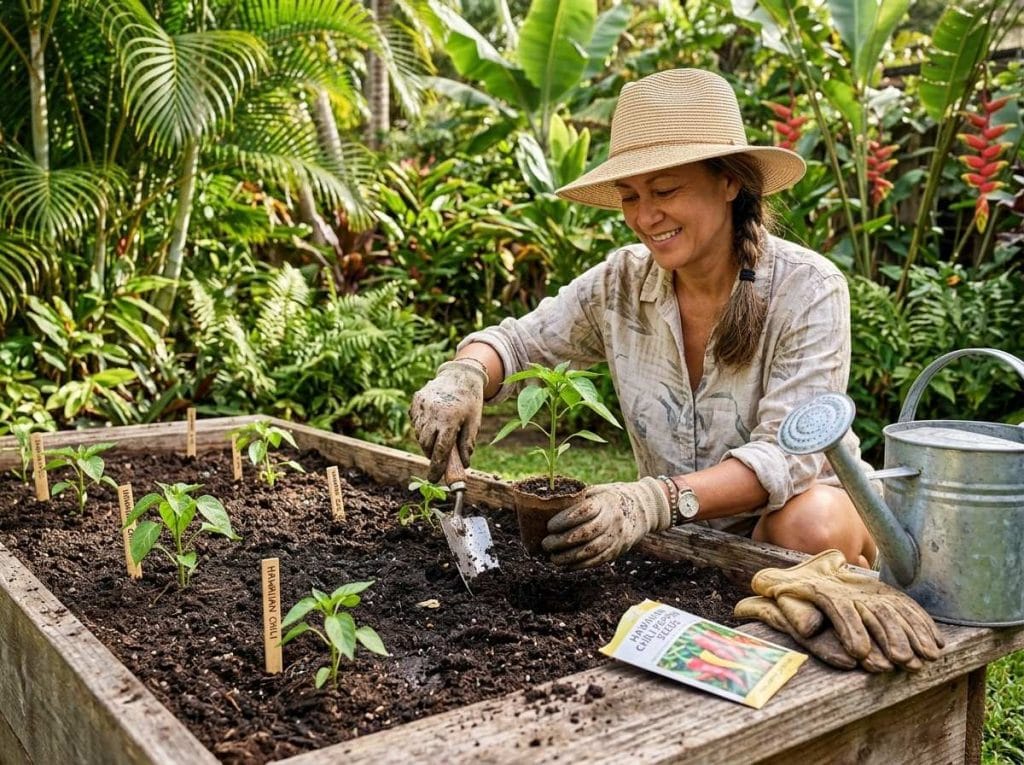 Growing Hawaiian Chili Peppers using proper sunlight, watering, soil, and feeding for productive plant growth.