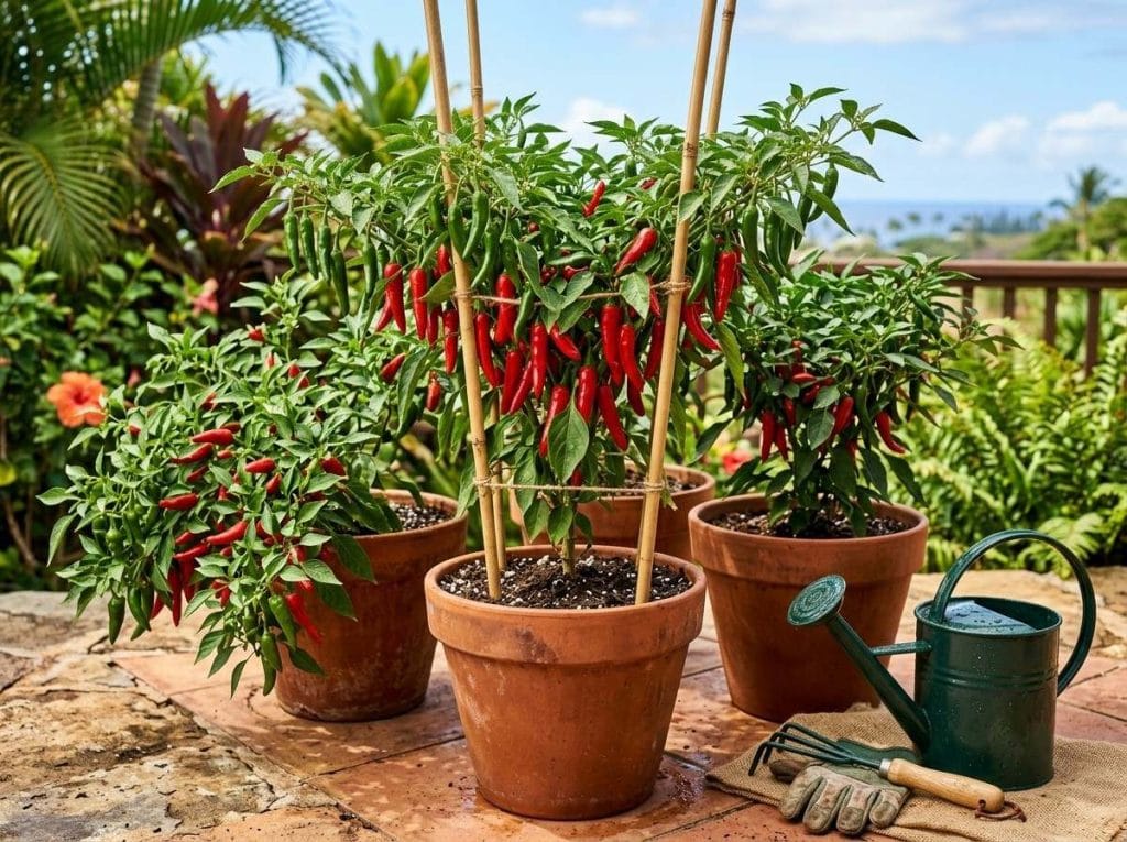 Growing Hawaiian Chili Peppers showing healthy chili pepper plants growing in fertile soil in a sunny backyard garden.