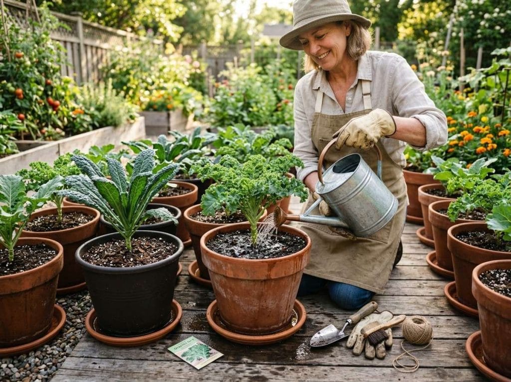 Growing Kale in Containers showing healthy kale plants thriving in deep pots on a sunny patio.