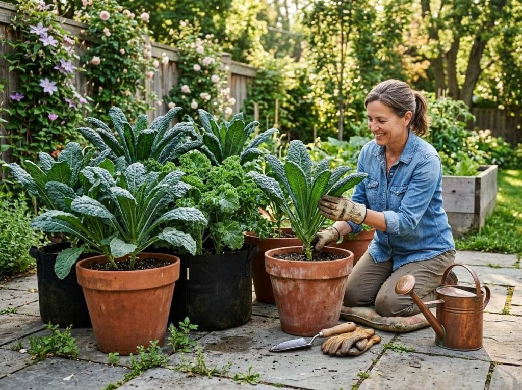 Growing Kale in Containers featuring young kale seedlings growing in nutrient-rich potting soil.
