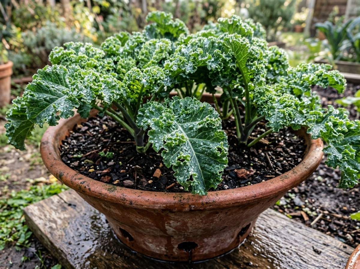 Growing Kale in Containers with lush green leaves developing in well-drained containers under suitable sunlight.
