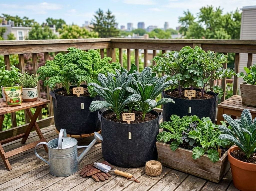 Growing Kale in Containers showing properly spaced kale plants growing successfully in a home container garden.