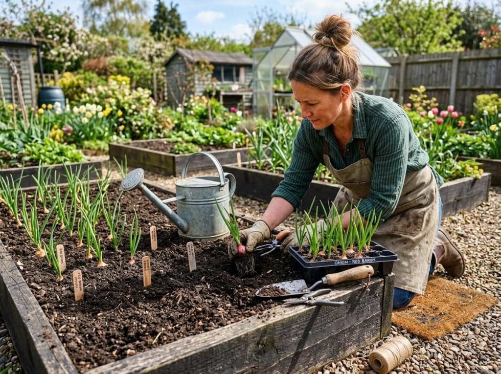 Growing Onions from Seed with healthy onion plants developing strong bulbs in a backyard vegetable garden.