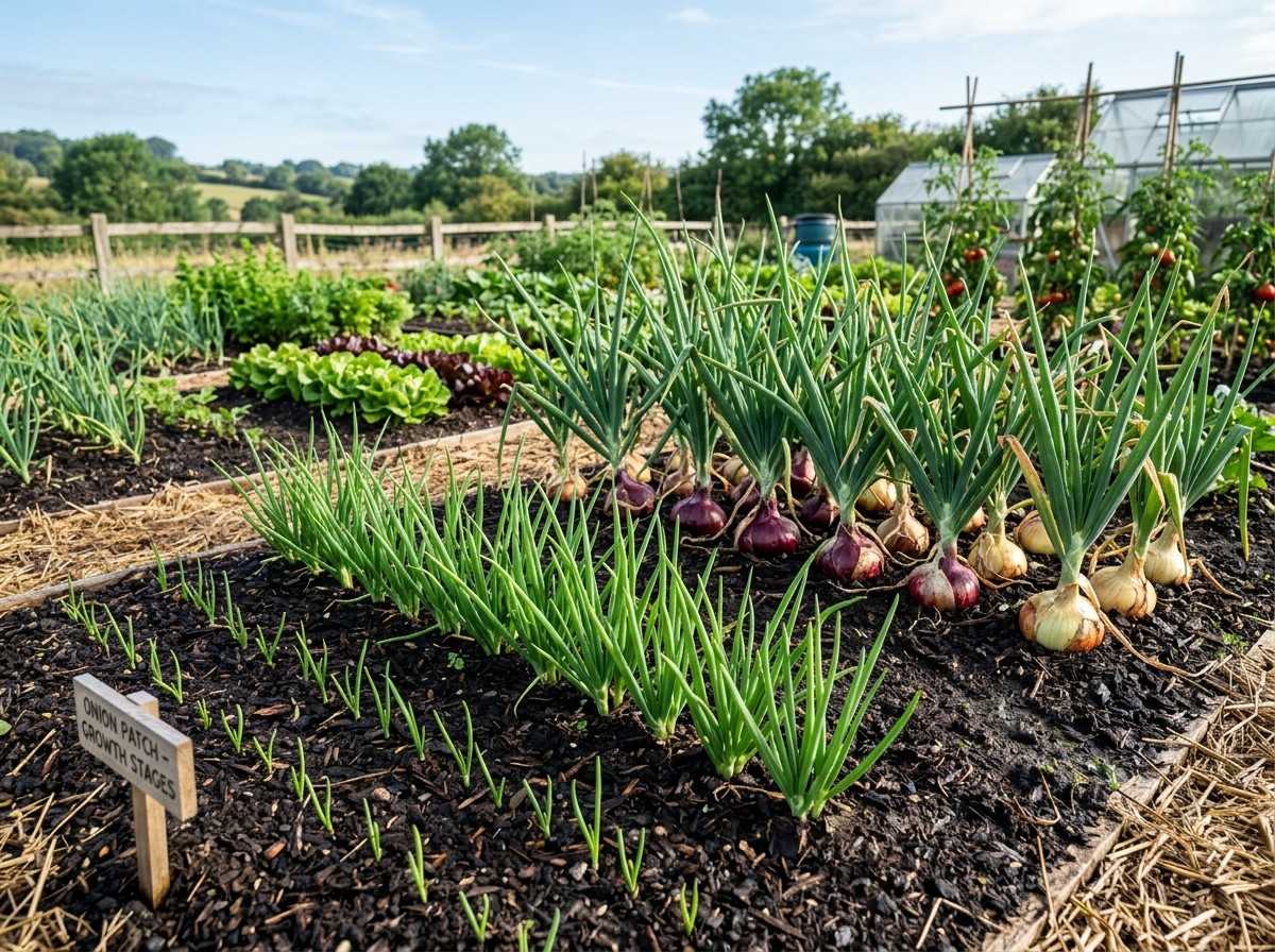Growing Onions from Seed showing young onion seedlings emerging in a raised garden bed under full sun.