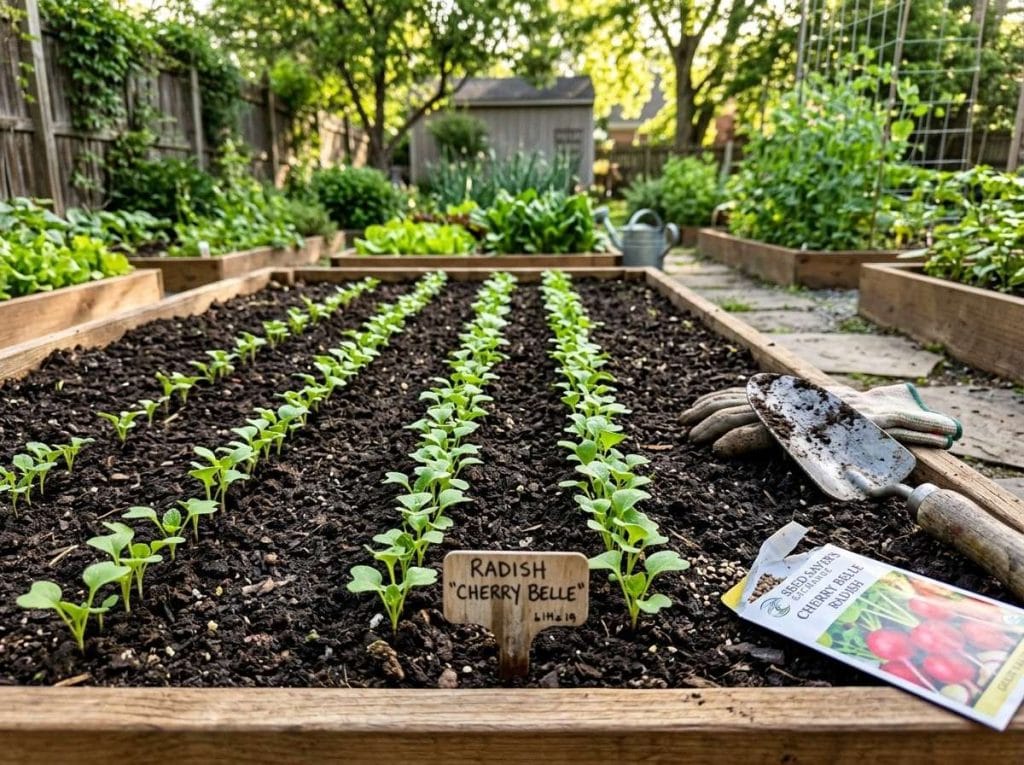 How Deep to Plant Radish Seeds showing radish seeds being sown at the correct depth in prepared garden soil.