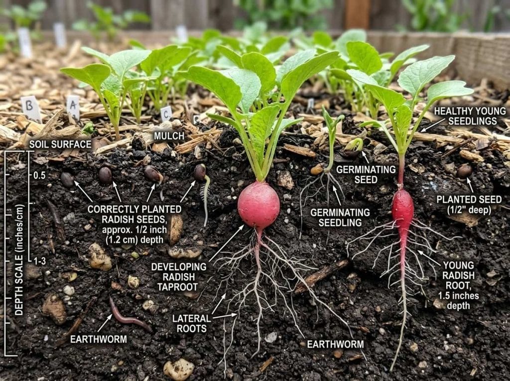 How Deep to Plant Radish Seeds with a gardener measuring planting depth in a raised vegetable garden.