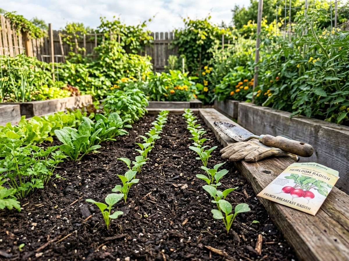 How Deep to Plant Radish Seeds featuring evenly planted radish seeds in fertile, well-drained soil.