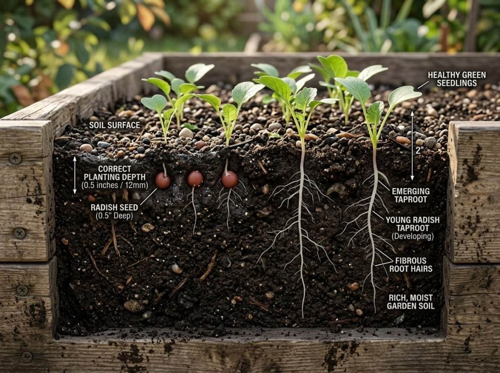 How Deep to Plant Radish Seeds illustrating proper seed depth for healthy germination and strong root development.