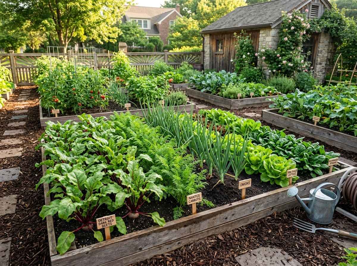 How Far Apart to Plant Beets showing evenly spaced beet seedlings growing in a raised garden bed.