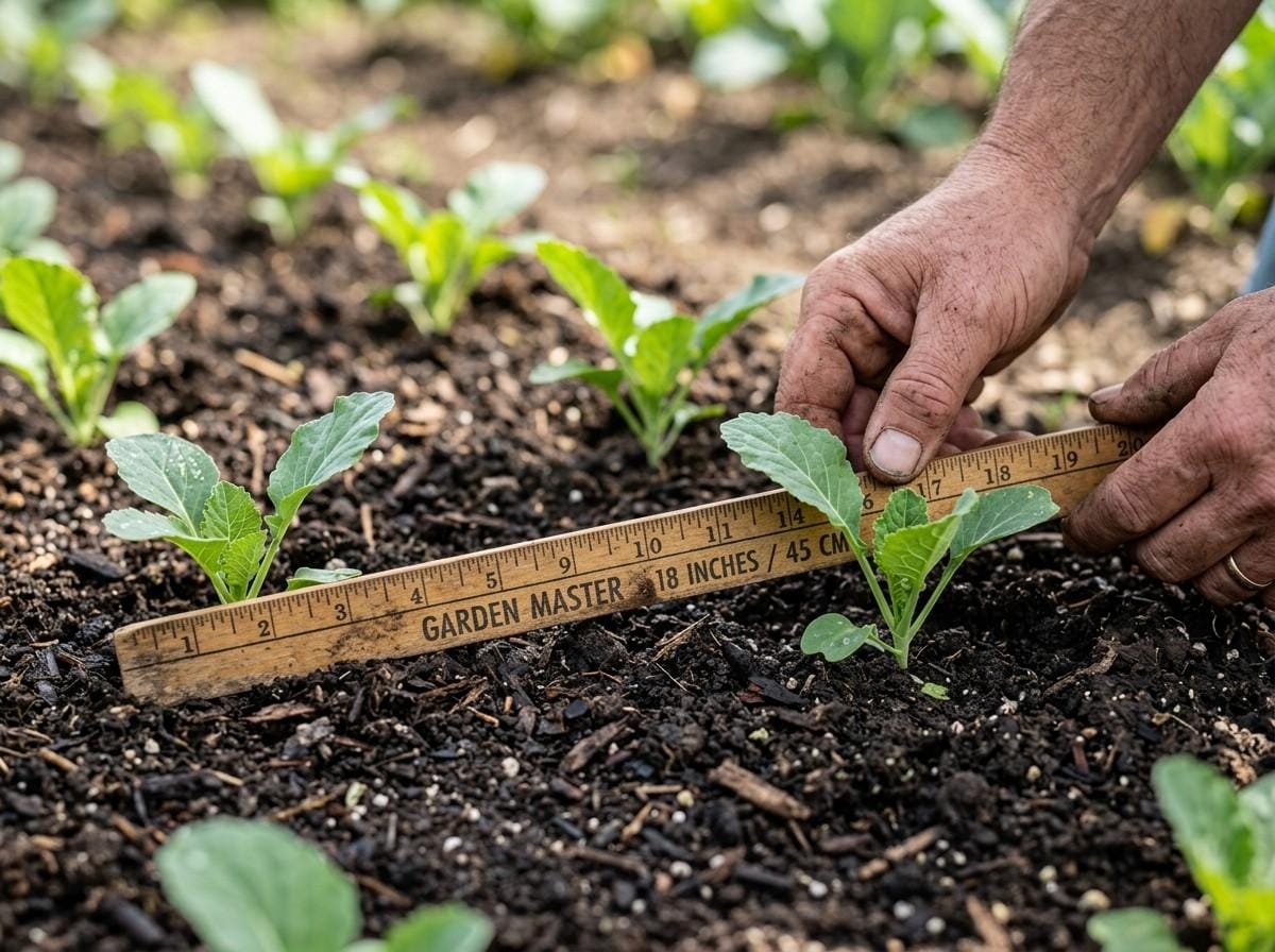 How Far Apart to Plant Cauliflower showing evenly spaced cauliflower seedlings growing in a raised garden bed.