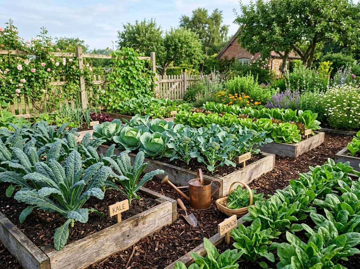 How Far Apart to Plant Kale showing evenly spaced kale seedlings growing in a raised garden bed.