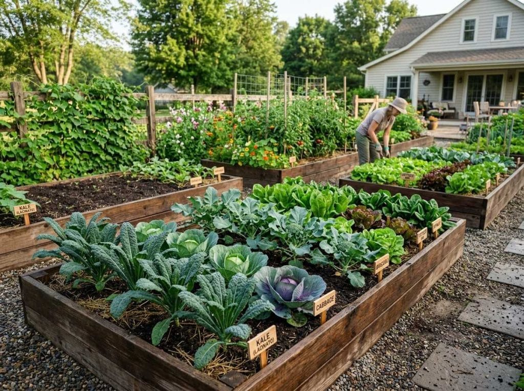How Far Apart to Plant Kale in fertile, well-drained soil with neatly arranged rows of young kale plants.