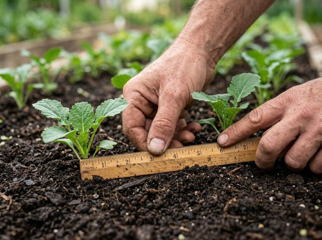 How Far Apart to Plant Kale featuring properly spaced kale plants growing in a productive backyard vegetable garden.