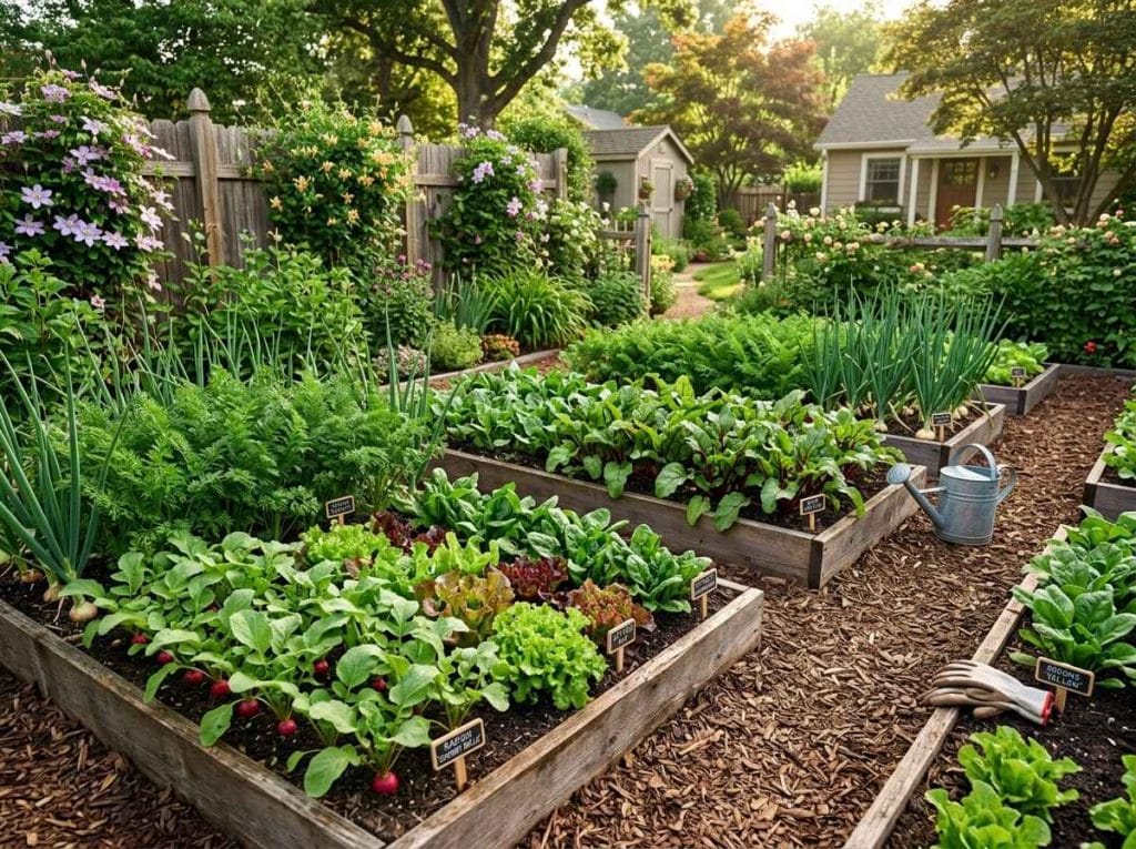 How Far Apart to Plant Radishes showing evenly spaced radish seedlings growing in a raised garden bed.