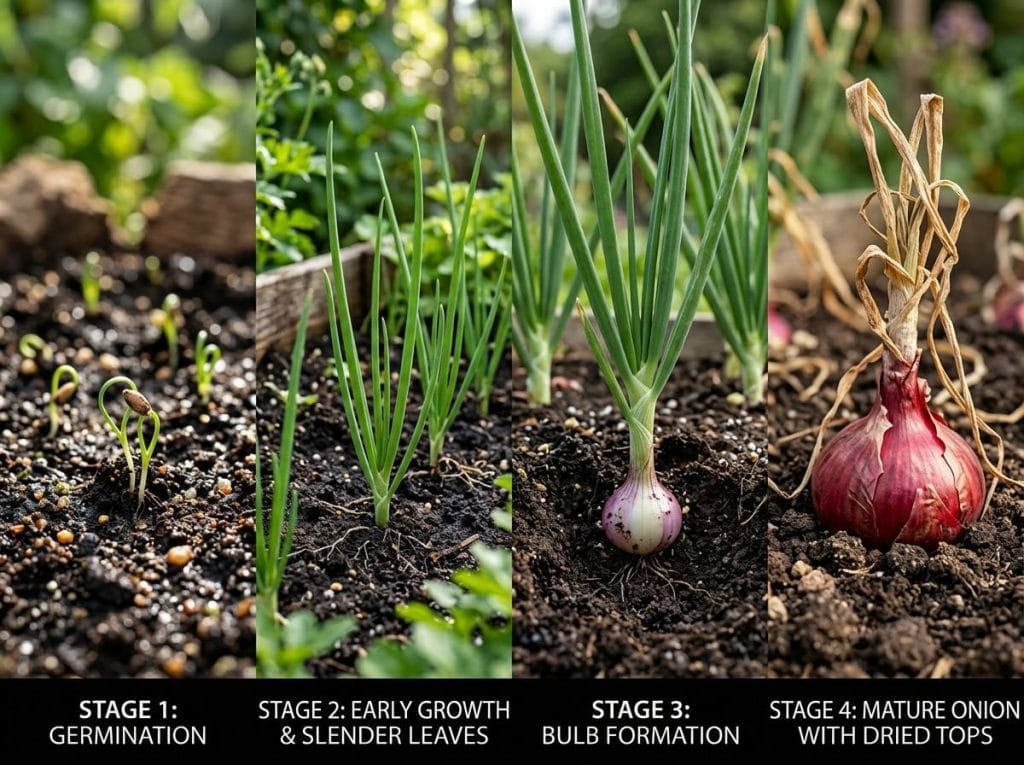 How Long Do Onions Take to Grow showing onions developing from seedlings to mature bulbs in a backyard garden.