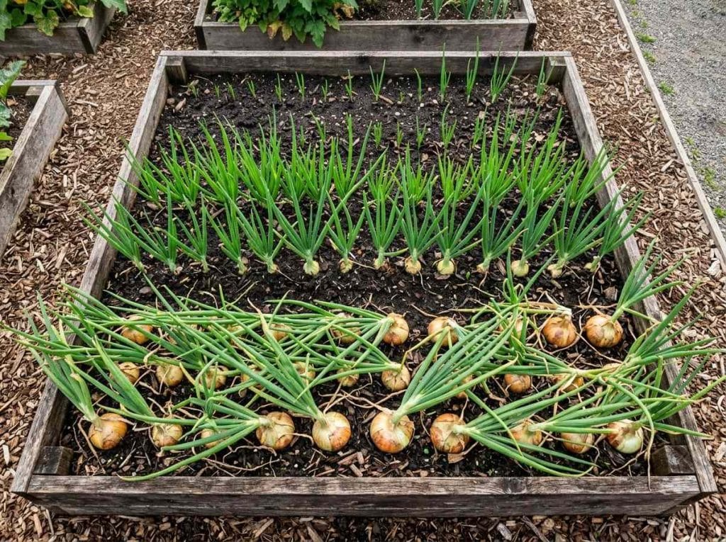 How Long Do Onions Take to Grow featuring young onion plants growing into healthy bulbs in fertile garden soil.