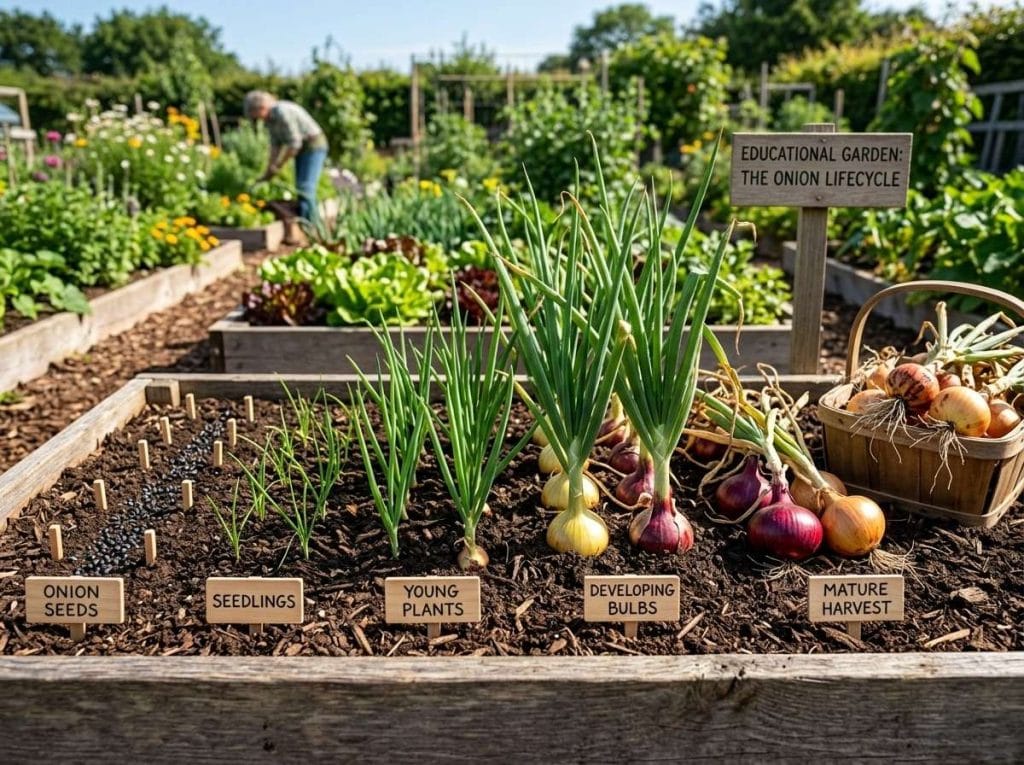 How Long Do Onions Take to Grow illustrating different onion growth stages from planting to harvest-ready bulbs.