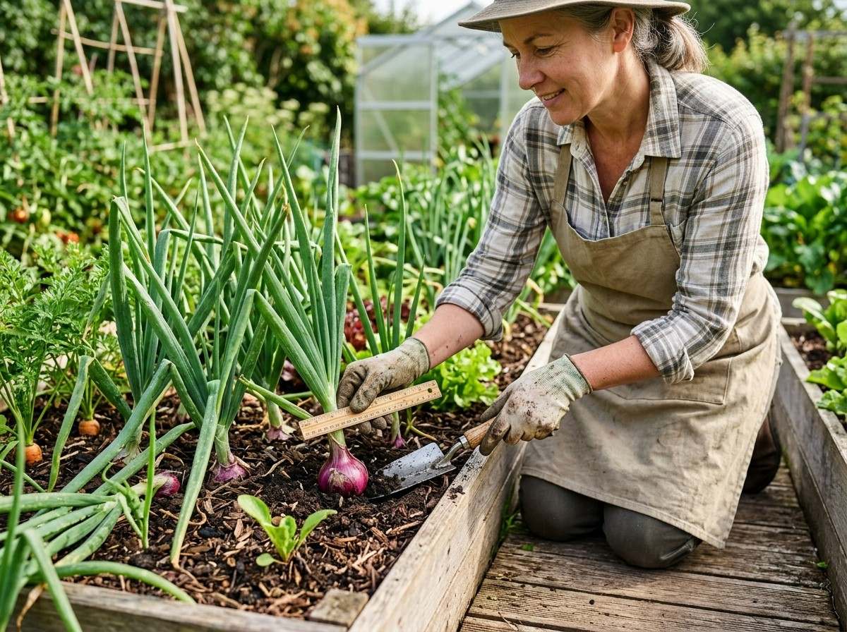How Long Do Onions Take to Grow with healthy onion plants developing strong green tops and mature bulbs under full sun.