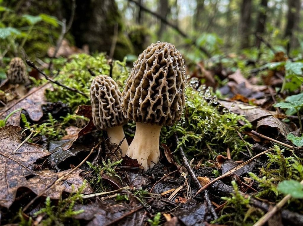 How Long Does It Take for Morel Mushrooms to Grow illustrating different growth stages from small morels to mature mushrooms.