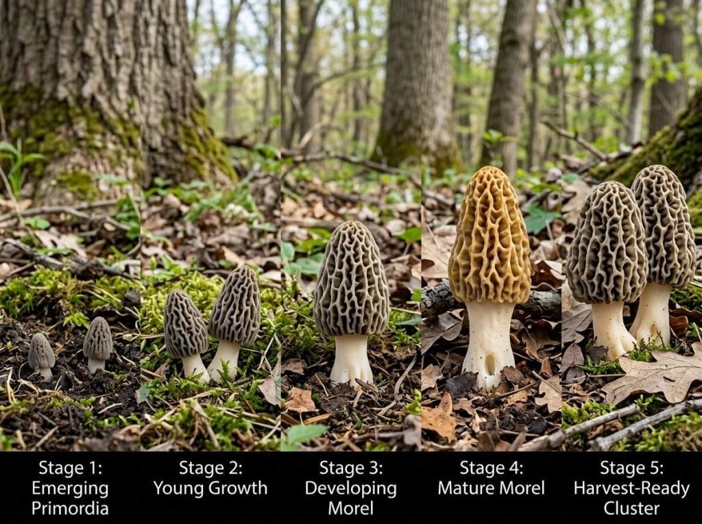 How Long Does It Take for Morel Mushrooms to Grow featuring fresh morel mushrooms growing naturally among leaves and trees.