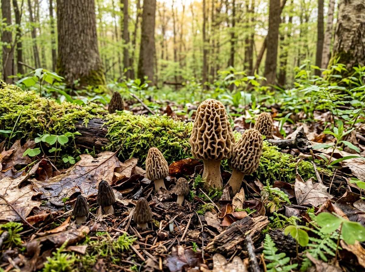 How Long Does It Take for Morel Mushrooms to Grow showing morel mushrooms emerging from a forest floor in spring.
