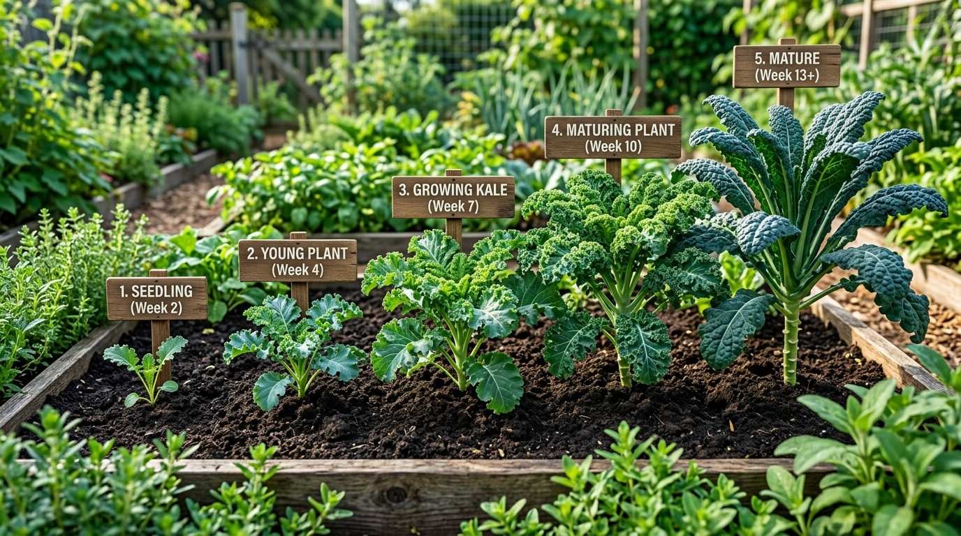 How Long Does Kale Take to Grow showing young kale seedlings developing into mature leafy plants.