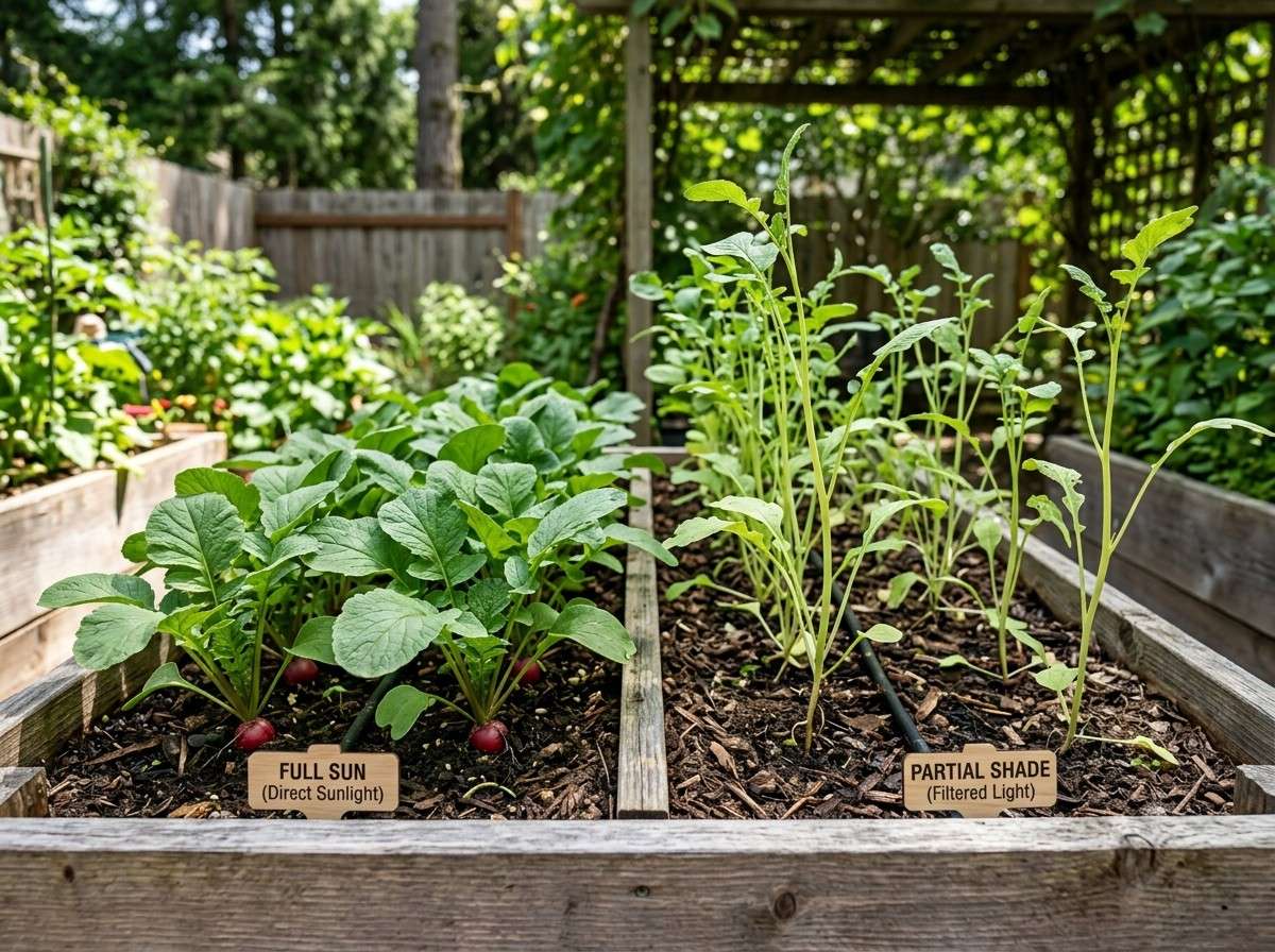 How Much Sun Do Radishes Need with young radishes growing under the right amount of sunlight in raised garden beds.