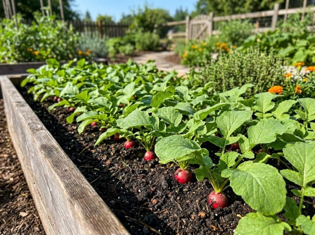 How Much Sun Do Radishes Need illustrating radish plants receiving several hours of direct sunlight each day.