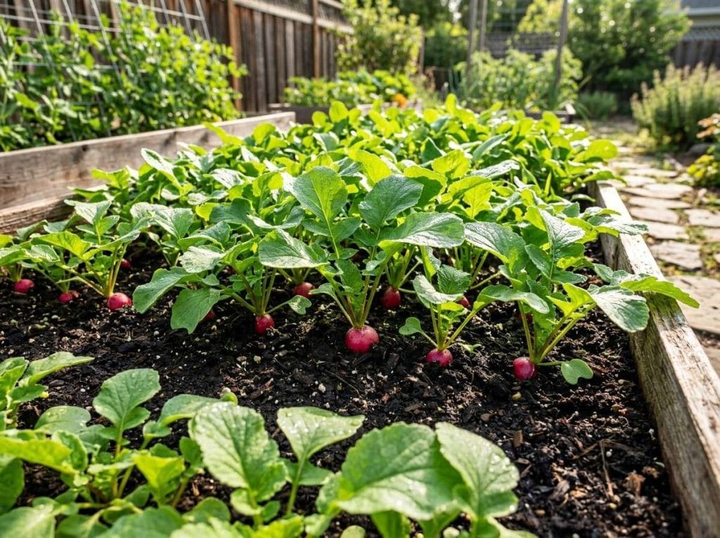 How Much Sun Do Radishes Need featuring healthy radish leaves and developing roots in well-drained garden soil.