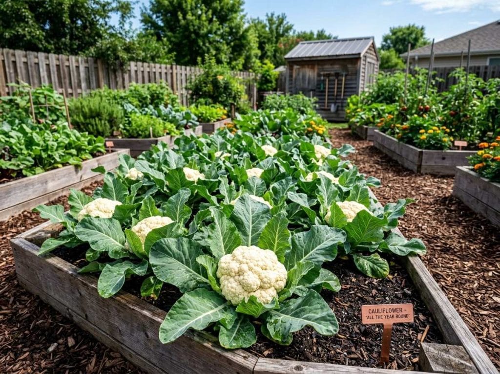 How to Grow Cauliflower showing young cauliflower plants growing in a sunny backyard vegetable garden.