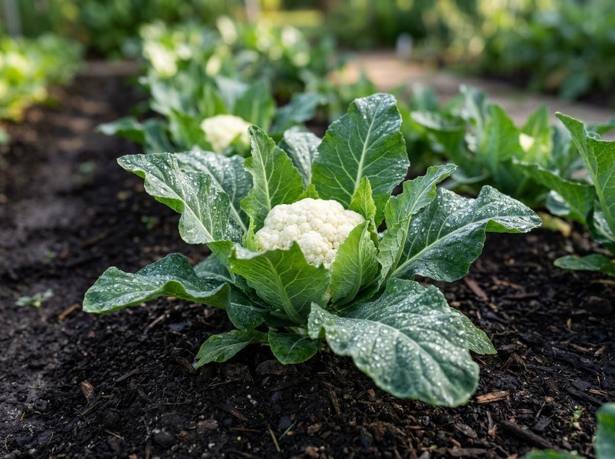 How to Grow Cauliflower with developing white cauliflower heads surrounded by healthy green leaves.
