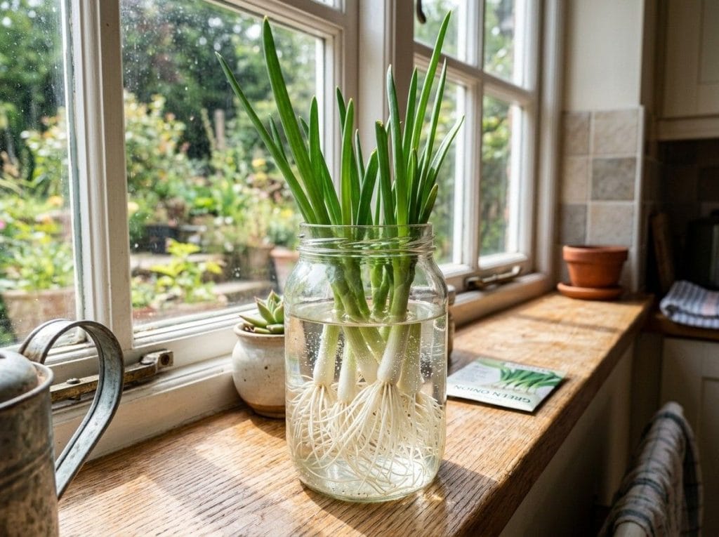 How to Grow Green Onions from Cuttings by placing onion cuttings in water until fresh green shoots appear.
