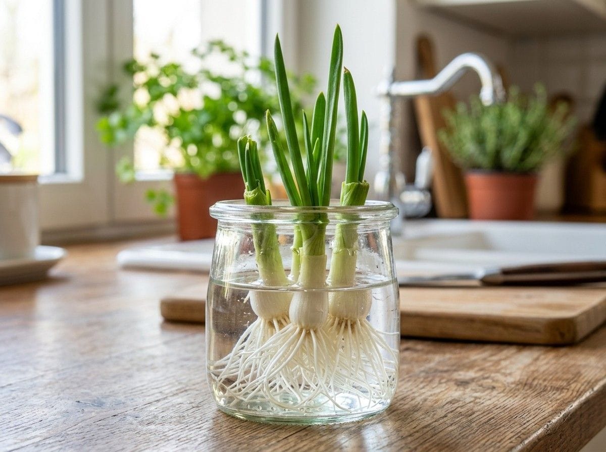 How to Grow Green Onions from Cuttings showing green onion roots regrowing in a glass jar on a sunny windowsill.