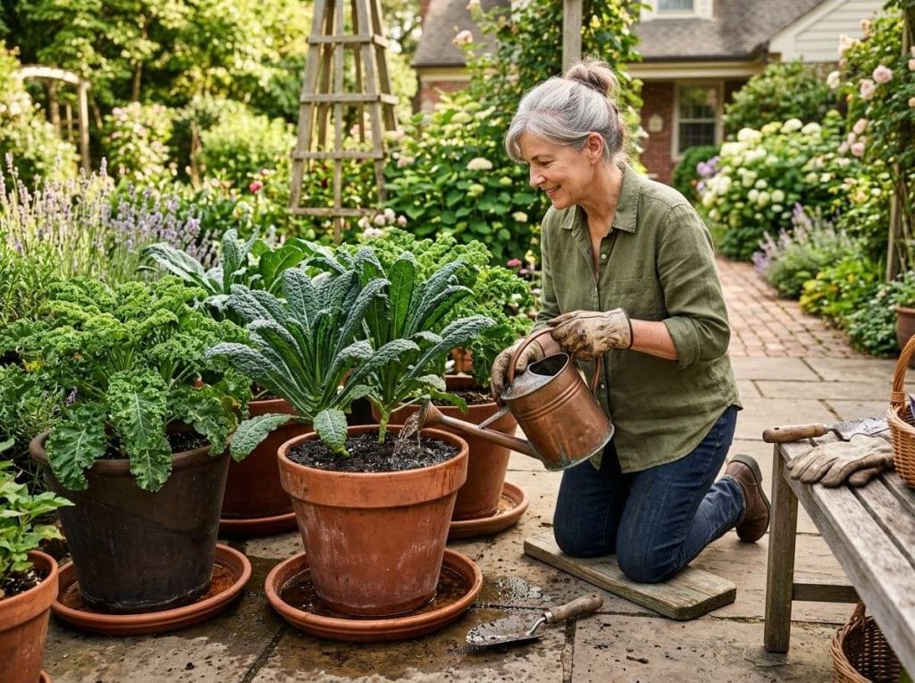 How to Grow Kale in Pots showing young kale plants growing in containers on a sunny patio or balcony.