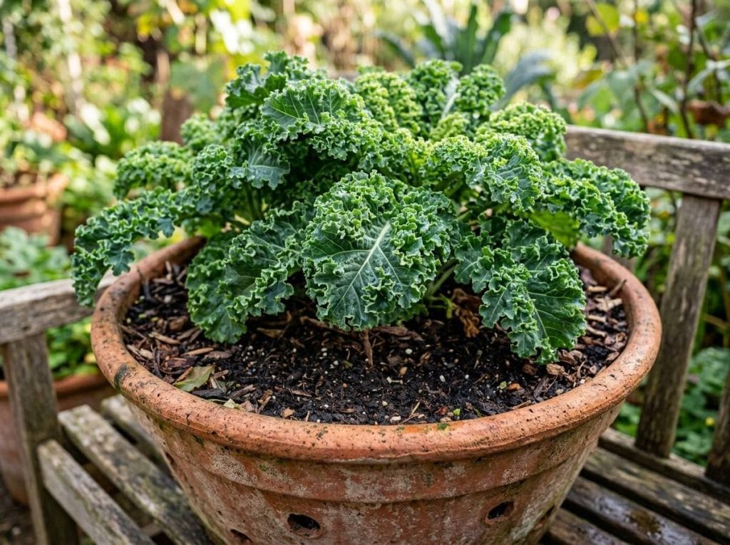 How to Grow Kale in Pots with lush green kale leaves developing in nutrient-rich, well-drained potting soil.