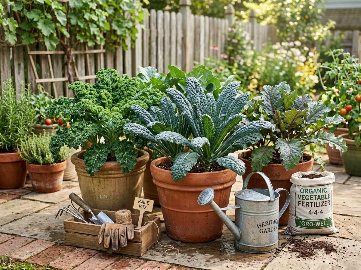 How to Grow Kale in Pots by planting healthy kale seedlings in deep containers filled with fertile potting soil.