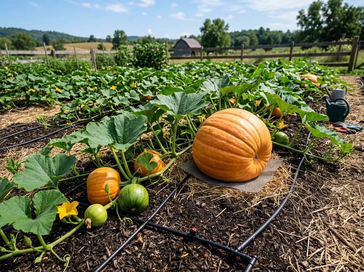 How to Grow Larger Pumpkins showing a healthy pumpkin plant with large fruits developing on vigorous green vines.