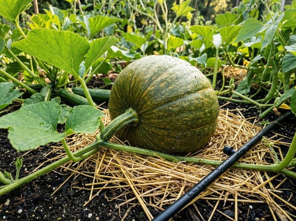 How to Grow Larger Pumpkins featuring a thriving pumpkin patch with large pumpkins growing on healthy vines.