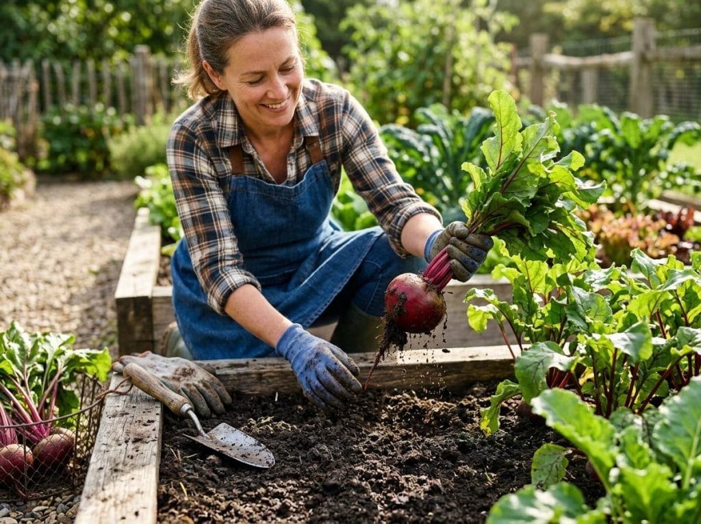 How to Harvest Beets showing a gardener gently pulling mature beet roots from loose garden soil.