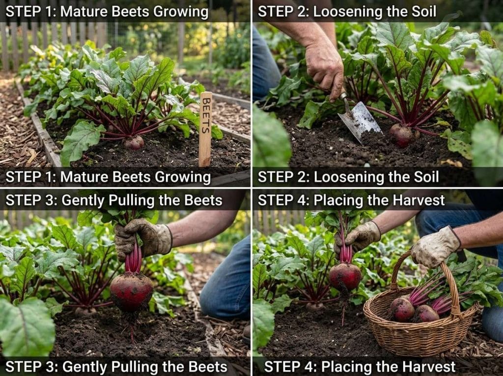 How to Harvest Beets featuring red beets partially visible above the soil and ready for harvesting.