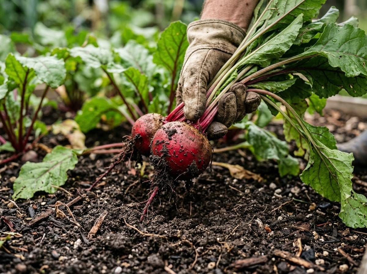 How to Harvest Beets showing a gardener loosening the soil around beet roots before lifting them carefully.