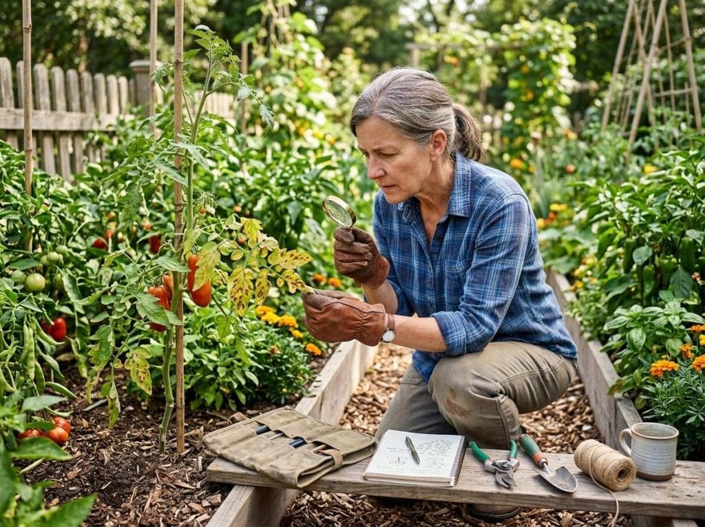 How to Identify Plant Diseases in Garden showing a gardener examining yellow leaves, spots, and damaged plant tissue.