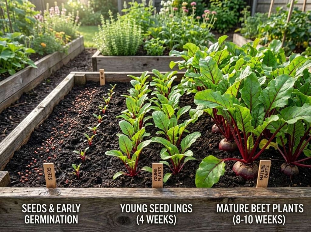 How to Plant Beet Seeds with young beet seedlings emerging from nutrient-rich soil under full sun.