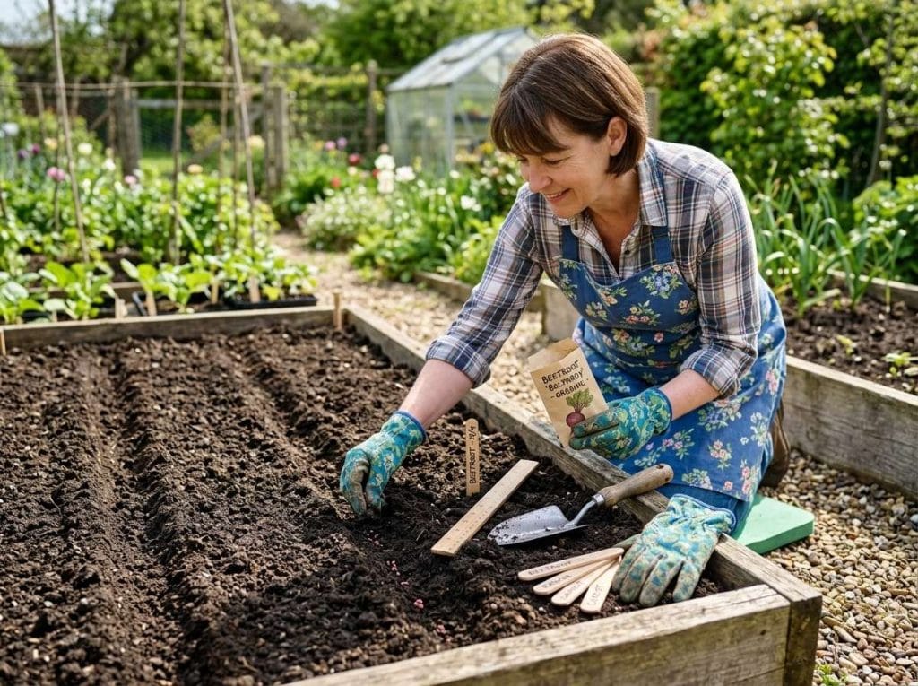 How to Plant Beet Seeds showing a gardener planting beet seeds in a prepared raised garden bed.