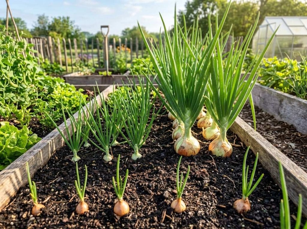 How to Plant Onion Bulbs showing a gardener planting onion sets in a prepared raised garden bed.