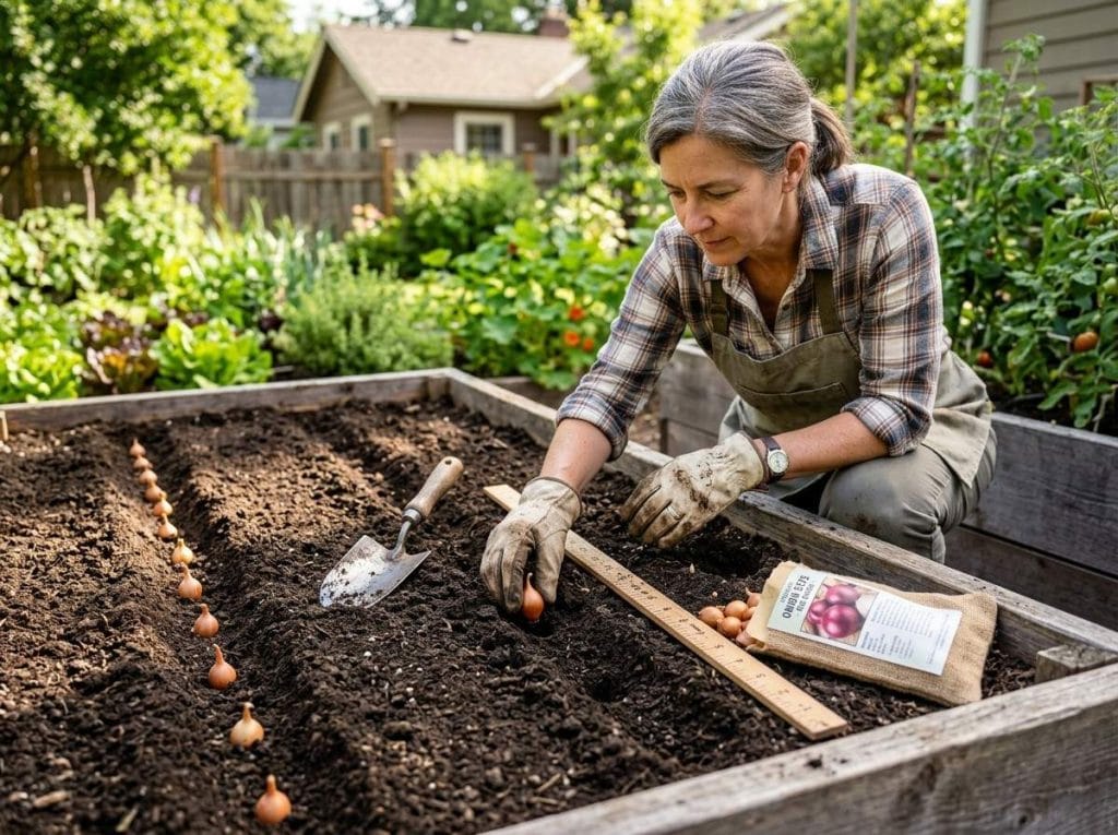 How to Plant Onion Bulbs with young onion shoots emerging from nutrient-rich soil under full sun.