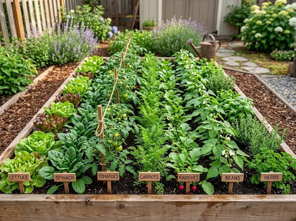 How to Start a Small Vegetable Garden showing a gardener arranging vegetable seedlings in a compact backyard garden.