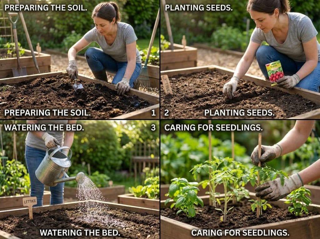 How to Start a Small Vegetable Garden with neatly organized raised beds, healthy seedlings, and essential gardening tools.